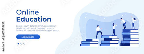 Online education concept. Vector layout for website page. Illustration in flat isometric style with people studying remotely. Front page layout for your design. Flat isometric vector illustration 