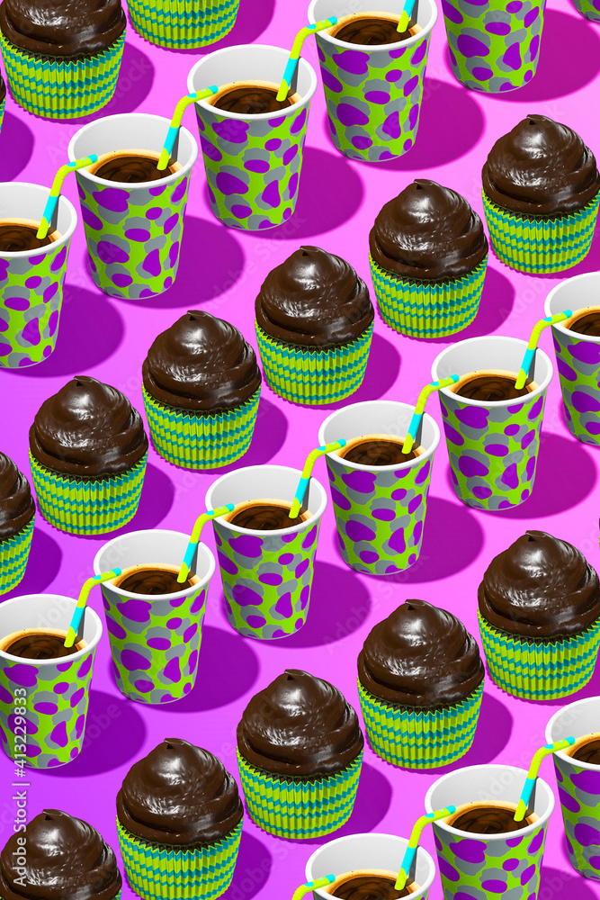 Minimal food geometry in details. 3d render pattern design chocolate muffin and coffee cup in isometry violet space. Restaurant, bakery, candy shop, food delivery concept art. Cacao funny lover. . Minimal food geometry in details. 3d render pattern design chocolate muffin and coffee cup in isometry violet space. Restaurant, bakery, candy shop, food delivery concept art. Cacao funny lover. .