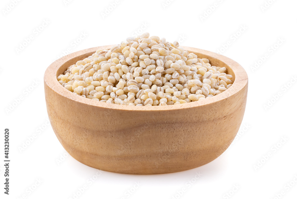 pile of pearl barley in wood bowl on white background pile of pearl barley in wood bowl on white background
