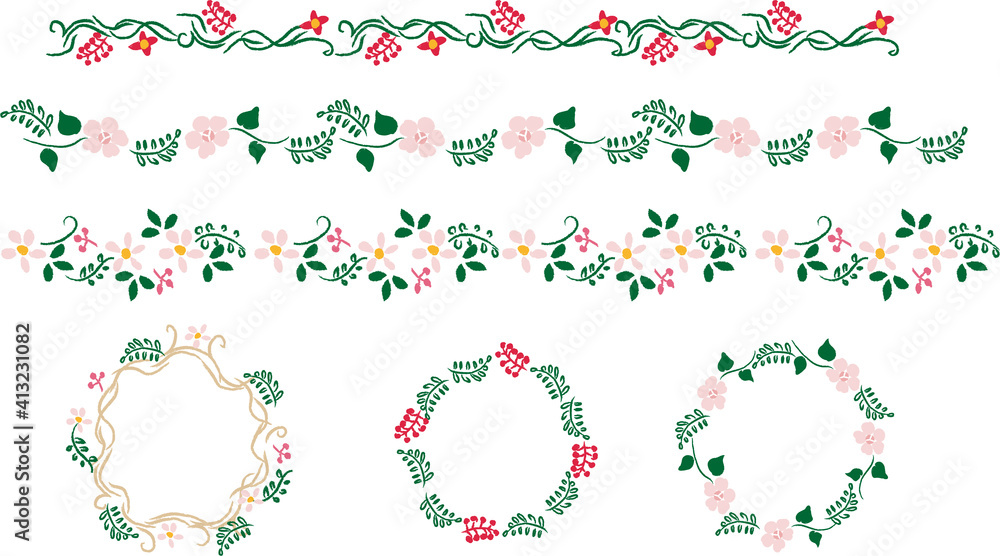 Fototapeta premium 手描き花と葉っぱのフレームセット