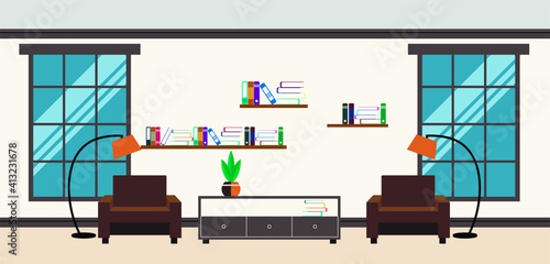 vector room with fireplace and two armchairs. flat image of a living room with two windows. shelves with books on the wall