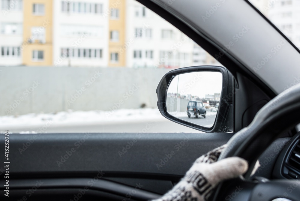 Car mirror.  Winter driving