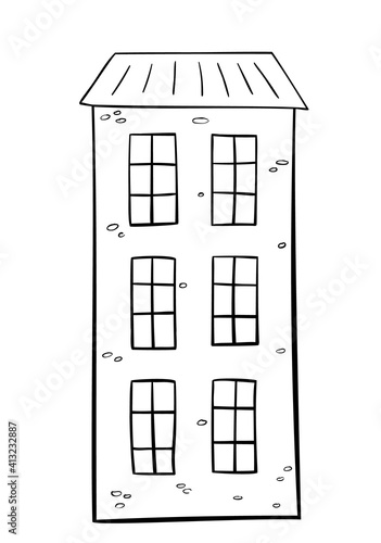 The house is three-storey with a roof and stone texture. Contour black and white isolated Hand-drawn doodle drawing on a white.