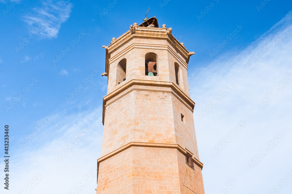 Castellón de la Plana, Valencian Community, Spain (Costa del Azahar). El Fadrí tower on the square Mayor (plaza Mayor). Close up of the bell tower.