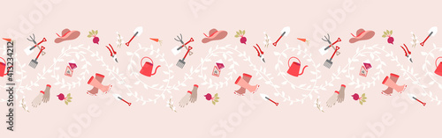 Gardening, garden tools seamless border pattern  Hand drawing cute garden equipment icons background. Watering can, beetroot, hat, rubber boots, hand gloves, fresh foods, seeds pack, leaves
