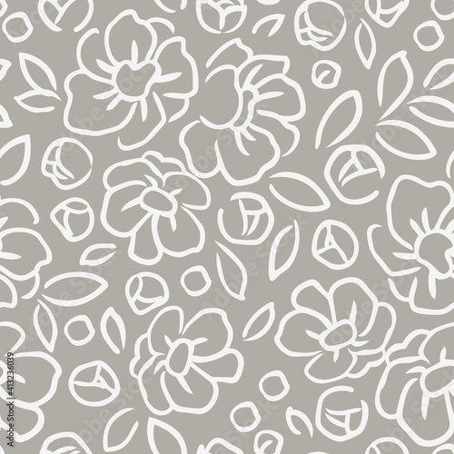 Seamless pattern with abstract flowers, buds and leaves silhouette. Gray background with blossoming flowers. Vintage floral wallpaper. Vector stock illustration. 