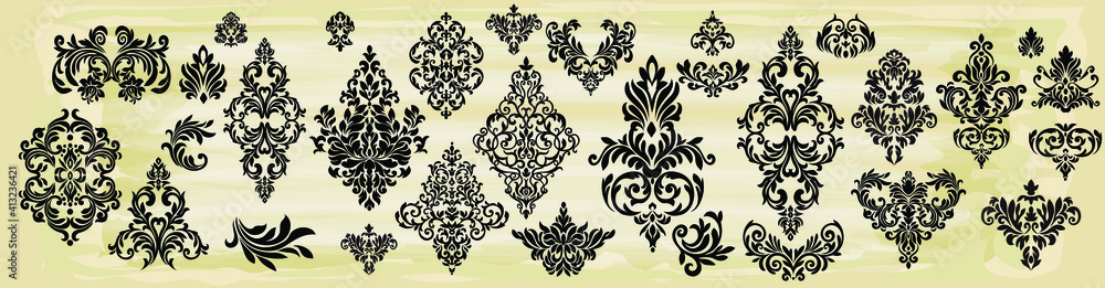 Set of Oriental vector damask patterns for greeting cards and wedding invitations.