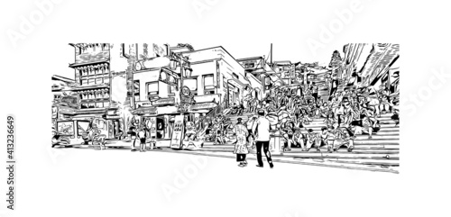 Building view with landmark of Incheon , Chinatown is Korea's only official Chinatown. Hand drawn sketch illustration in vector.
