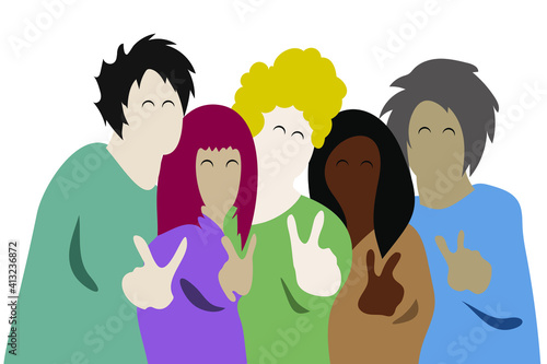 Abstract group of happy human characters smiling and showing victory sign with hands. Peace and success representation. Different nations and races. Beautiful company of friends in muted palette.