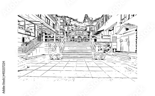 Building view with landmark of Incheon , Chinatown is Korea's only official Chinatown. Hand drawn sketch illustration in vector.