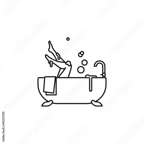 Woman stretching legs out of bathtub vector line icon