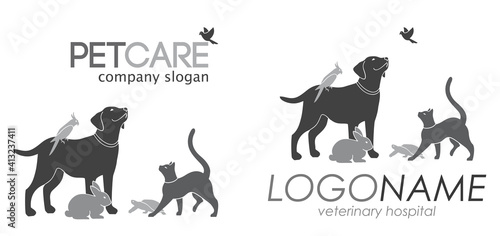 Vector illustration with a group of pets for your design. Black and white and four color options. All animals are drawn separately - you can move, delete some of them. 