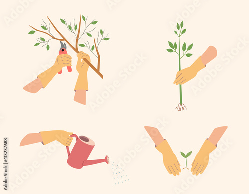 Gloved hands prune the branches of trees, plant seedlings, water from a watering can. A set of gardening activities. Cartoon vector illustration.