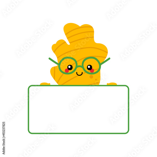 Cute cartoon style smiling ginger root character holding blank, empty card or banner in hands.
