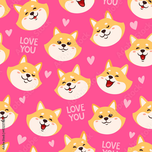 Vector seamless pattern with shiba inu heads on pink backround.