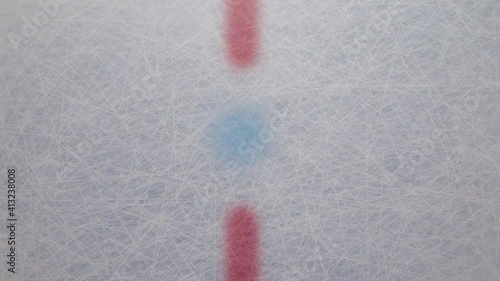 3d render Hockey Puck Drop animated puck drops from above and hits ice with two stick