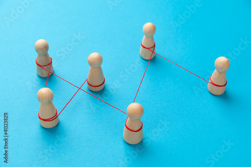 Social connection between figures of people. Business communications, big data information.