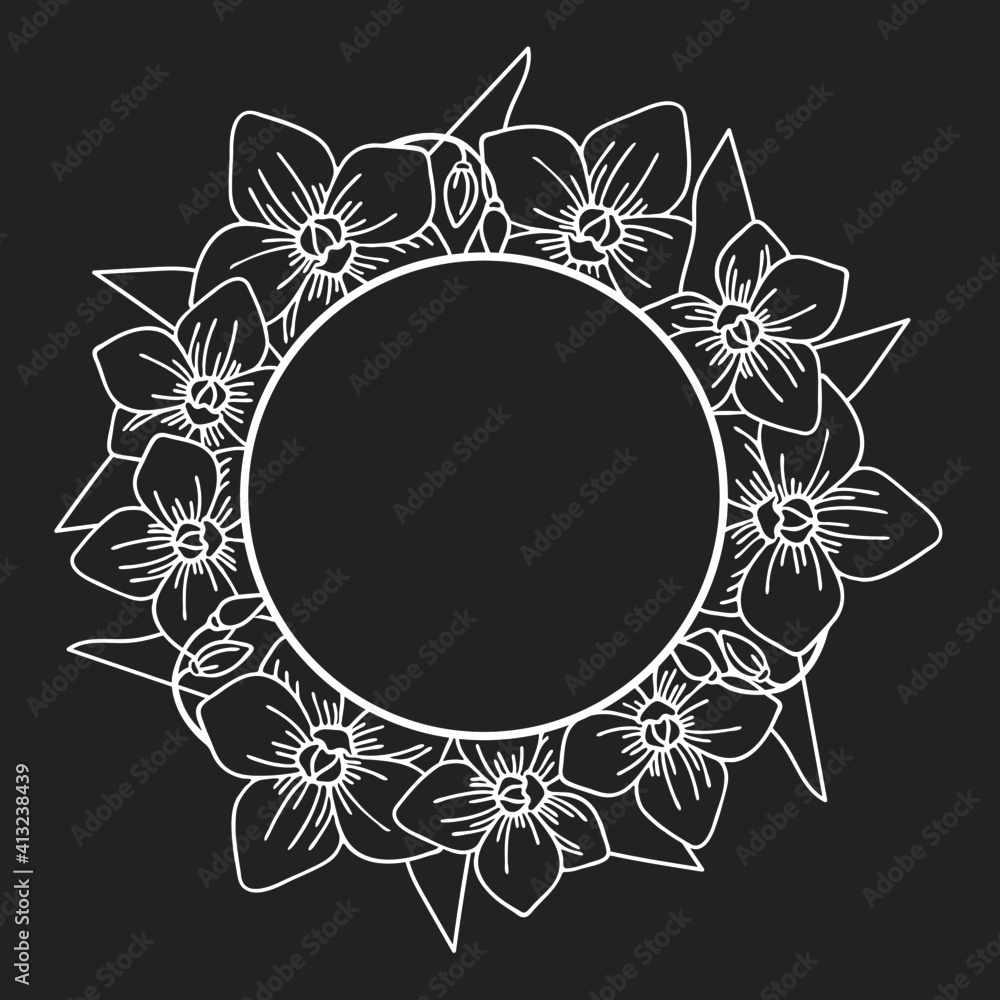 Obraz premium Vector illustration, frame with tropical flowers, orchids, drawing in monochrome colors, template, stencil, isolate