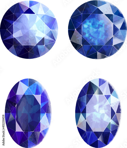 円形と楕円形のカットの青い宝石4種セット ベクター素材
