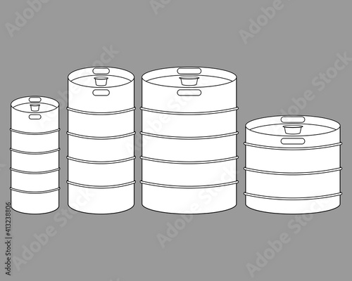Metal beer kegs vector icons. Outline black and white illustrations оn blank background. Various models.