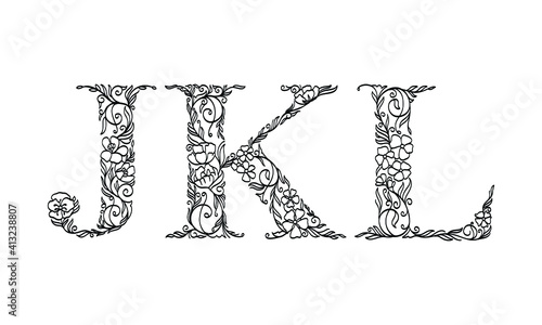 floral illustration alphabet j, k, l,, vector graphic font made by flower and leaf plant creative hand drawn line art for abstract and natural nature style looks in unique monochrome design decoration
