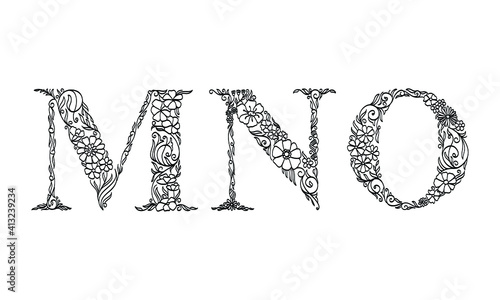 floral illustration alphabet m, n, o, vector graphic font made by flower and leaf plant creative hand drawn line art for abstract and natural nature style looks in unique monochrome design decoration
