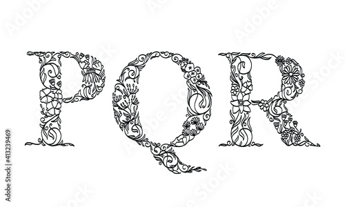 floral illustration alphabet p, q, r, vector graphic font made by flower and leaf plant creative hand drawn line art for abstract and natural nature style looks in unique monochrome design decoration