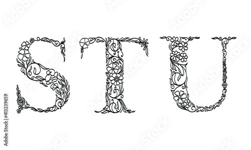 floral illustration alphabet s, t, u, vector graphic font made by flower and leaf plant creative hand drawn line art for abstract and natural nature style looks in unique monochrome design decoration