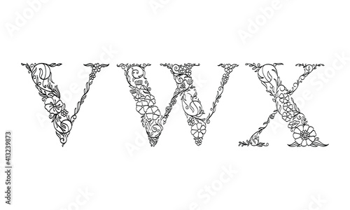 floral illustration alphabet v, w, x, vector graphic font made by flower and leaf plant creative hand drawn line art for abstract and natural nature style looks in unique monochrome design decoration