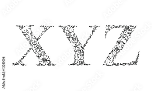 floral illustration alphabet x, y, z, vector graphic font made by flower and leaf plant creative hand drawn line art for abstract and natural nature style looks in unique monochrome design decoration