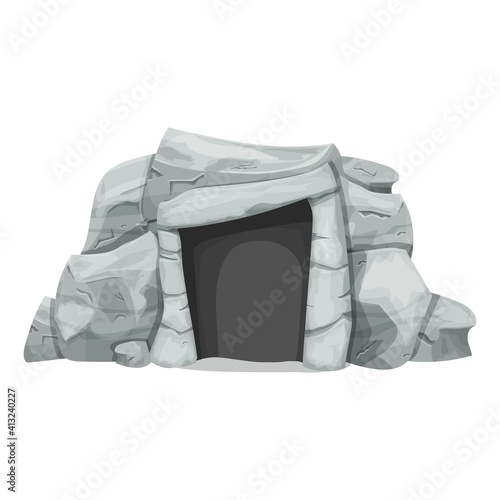 Stone age cave from rocks in cartoon style isolated on white background. Prehistoric, ancient object of evolution, caveman home, outdoor. Detailed drawing with cracked elements, ui game assets.
