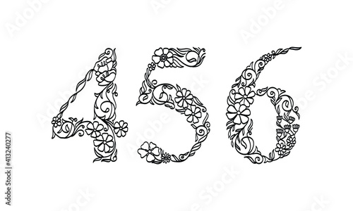 floral illustration number 4, 5, 6, vector graphic font made by flower and leaf plant creative hand drawn line art for abstract and natural nature style looks in unique monochrome design decoration