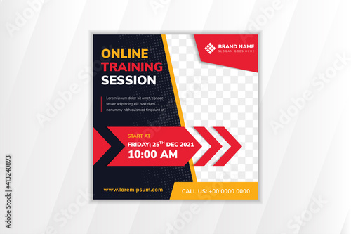 Editable minimal square banner template for online training session. black background with red and blue colors element. social media post and web internet ads with photo college. dot halftone pattern.