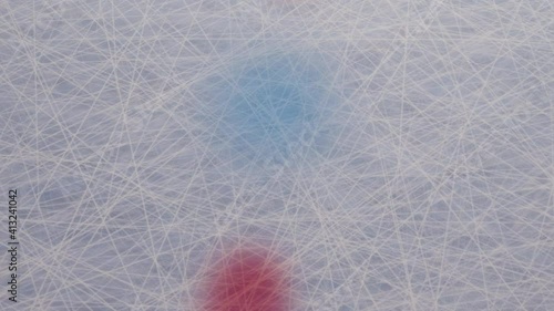 3d render Hockey Puck Drop animated puck drops from above and hits ice with two stick