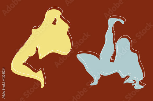 Abstract cool and energetic illustration of afro dance. Two fictional female characters dance together in different poses. Angular and amorphous figures in muted coffee colors of brown and gray.