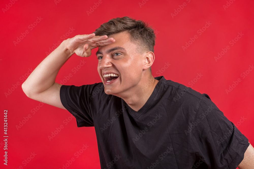 Young handsome man over isolated background very happy and smiling looking far away with hand over head. Searching concept. Young handsome man over isolated background very happy and smiling looking far away with hand over head. Searching concept.