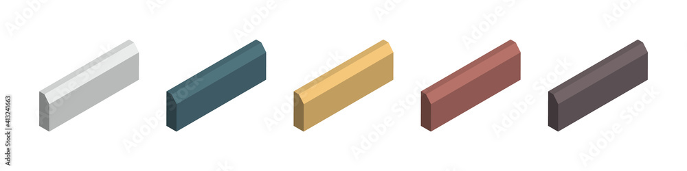 Isometric vector illustration concrete paver curbs isolated on white background. Realistic colorful street paving slabs icon in flat cartoon style. Pavement floor bricks. Street tiles. Isometric vector illustration concrete paver curbs isolated on white background. Realistic colorful street paving slabs icon in flat cartoon style. Pavement floor bricks. Street tiles.