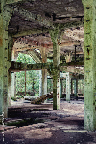 Fototapeta Naklejka Na Ścianę i Meble -  View of remains of a building. Urbex concept. Vintage tin mine in the middle of the forest in Czech Republic. Creepy place.