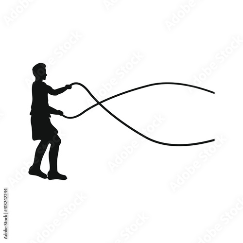 man training with ropes in gym on white background