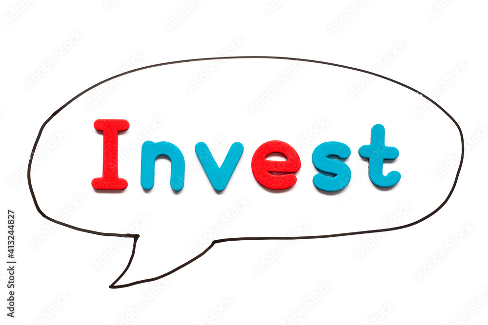 Alphabet letter with word invest in black line hand drawing as bubble speech on white board background Alphabet letter with word invest in black line hand drawing as bubble speech on white board background