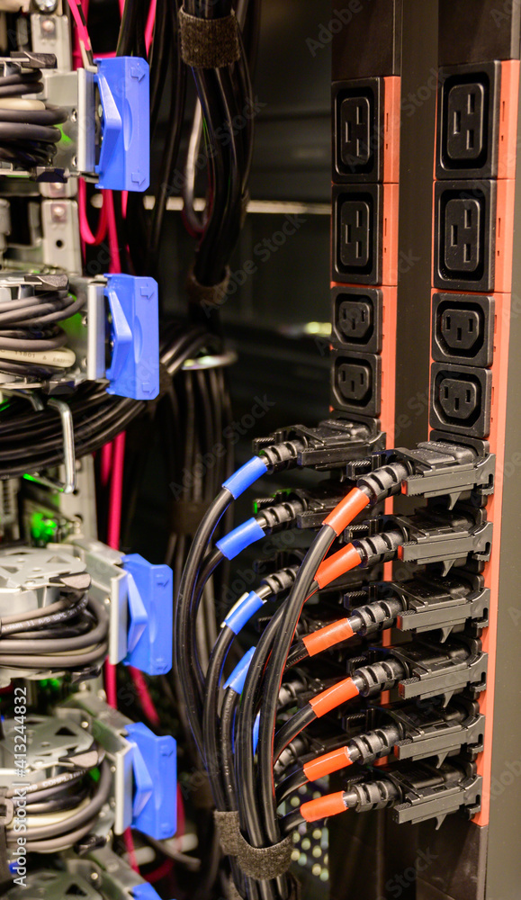 Socket strips PDU for server power connection in the server rack