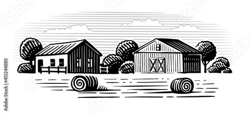 house with barn and trees