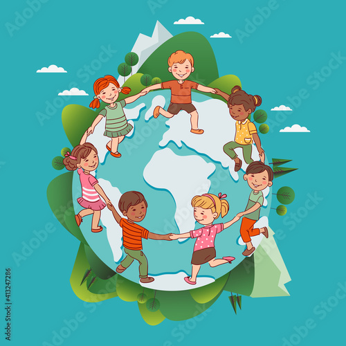 Happy kids holding hands and dancing around the world. Cute boys and girls having fun. Cartoon outline style