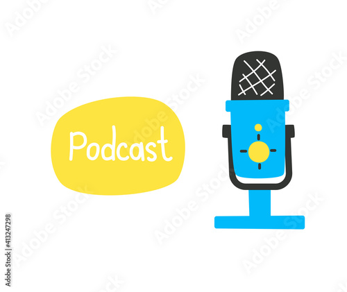 Studio microphone for recording audio with caption, podcast concept, sound recording, online radio. Vector hand-drawn illustration.