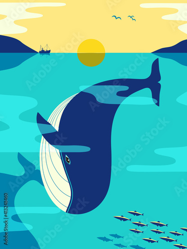 Blue Whale in ocean minimalist flat color vector