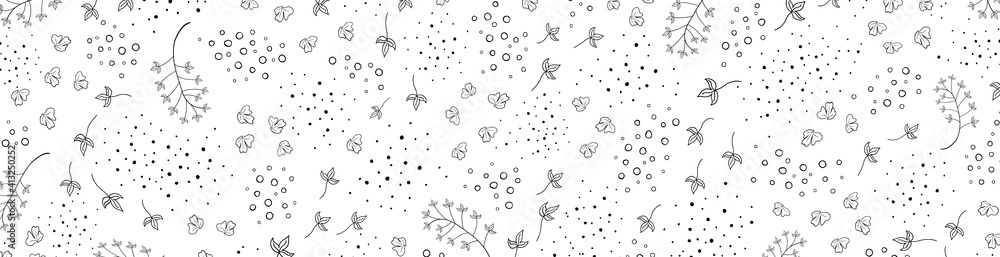 Floral vector banner with leaves, plants. Abstract natural elements in doodle style. Silhouette of plant print for holiday background. Minimalistic, trendy design. - obrazy, fototapety, plakaty 