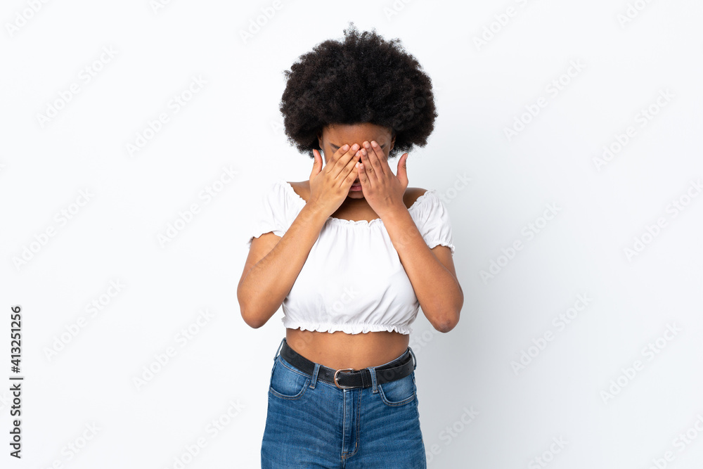 Young African American woman isolated on white background with tired and sick expression Young African American woman isolated on white background with tired and sick expression