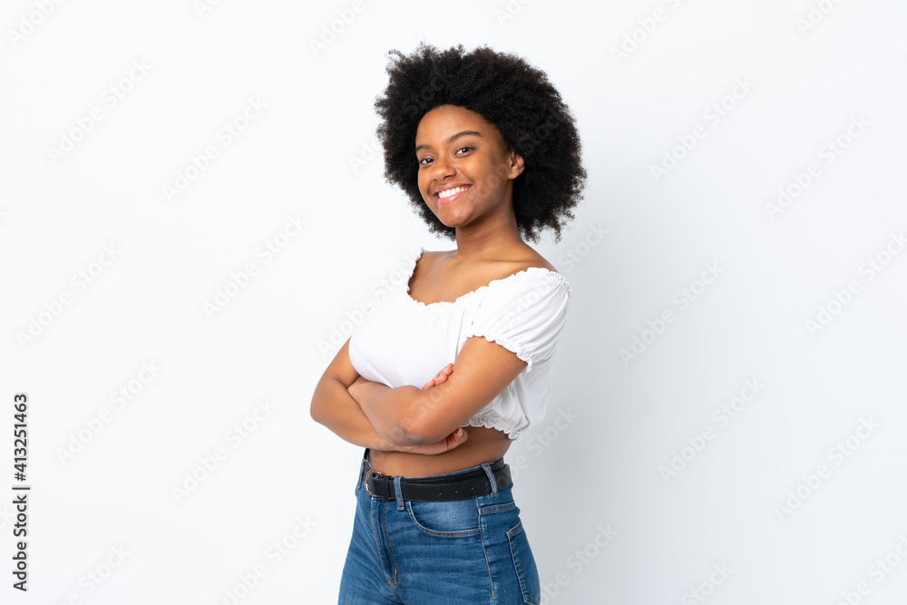 Young African American woman isolated on white background with arms crossed and looking forward Young African American woman isolated on white background with arms crossed and looking forward