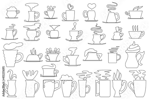 A mug and a cup of hot drink. Set of vector icons isolated on white, outline style. Cup and saucer for coffee, mug for tea, chocolate, milk.