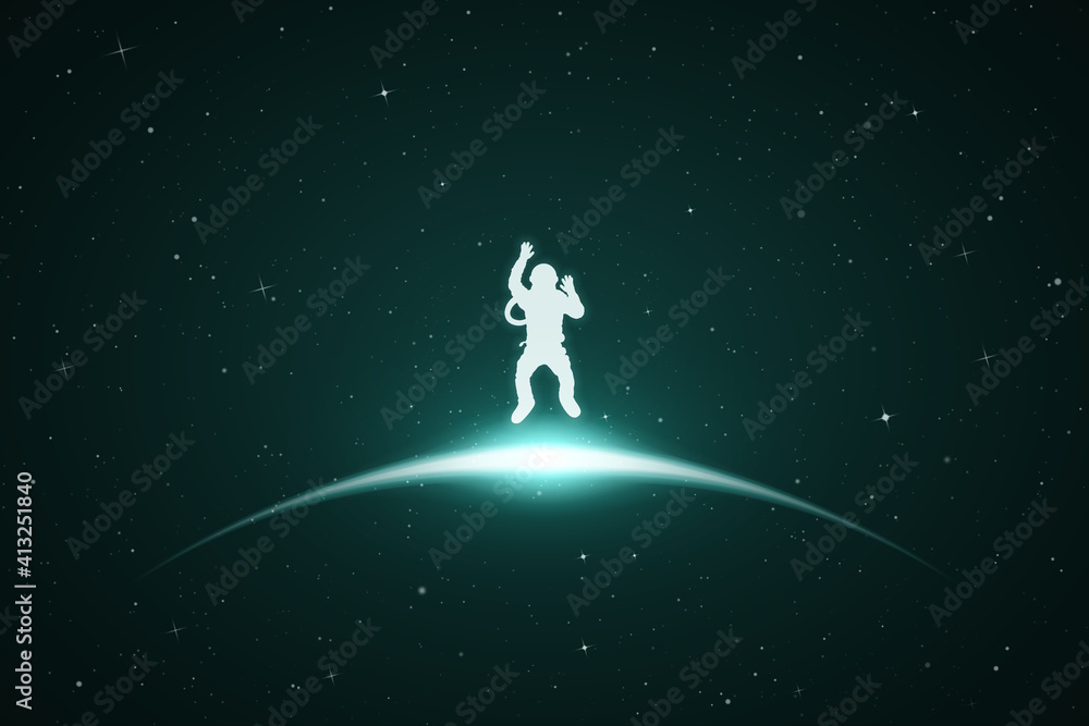 Astronaut in space. Cosmonaut isolated silhouette. Glowing outline